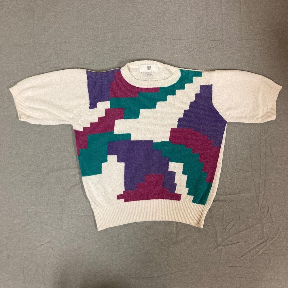 Vintage Illustrations Geometric Knit Sweater Short Sleeve Ramie Cotton Cream S‎